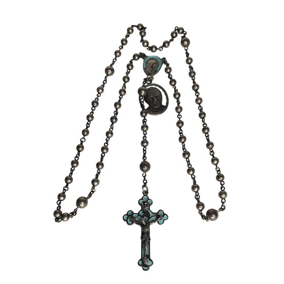 VTG CREED Sterling Rosary 1949 Blue Enamel Virgin Mary St Pius X Sacred Heart 20 - Picture 1 of 13